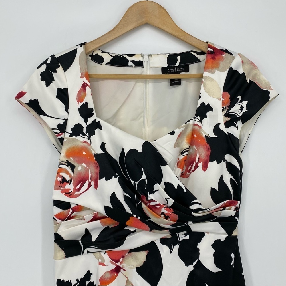 WHBM Floral Print Silky Cap Sleeve Scoop Neck Black White Coral Red/Pink Dress 6 - Picture 3 of 13